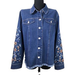 Alfred Dunner Women Blue Floral Denim Fringe Hem Jean Jacket Coat Sz Small